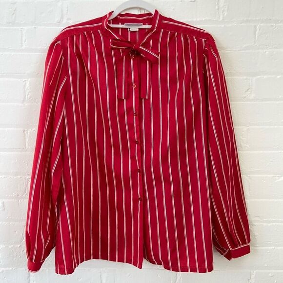 VTG Koret 70s / 80s Tie Neck Red White Striped Buttondown Blouse Office Basic - Picture 1 of 7